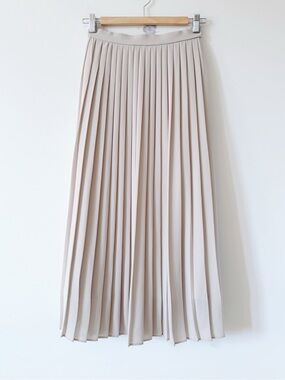 Uniqlo Beige Nude Accordion Pleated Midi Maxi Skirt Elastic Waist Lined XS
